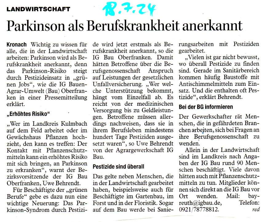 Parkinson als Berufskrankheit für Landwirte anerkannt