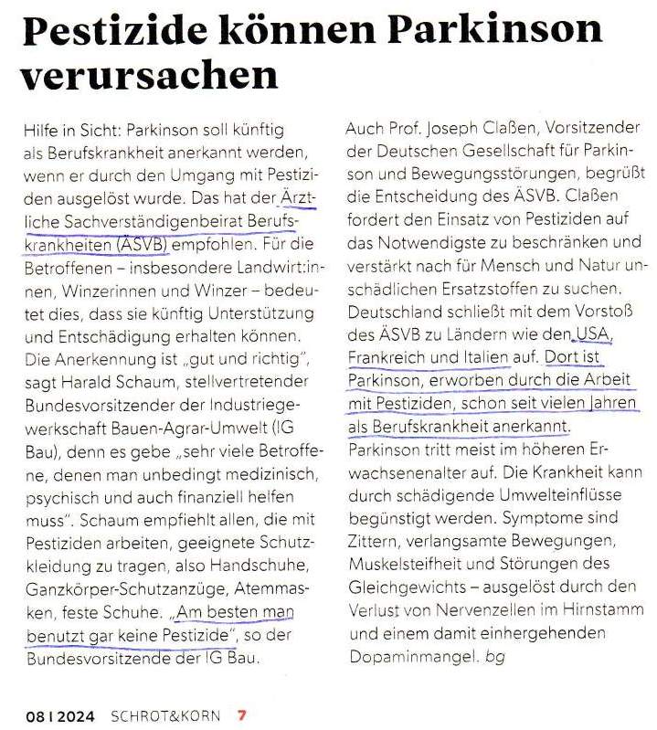 Pestizide verursachen Parkinson